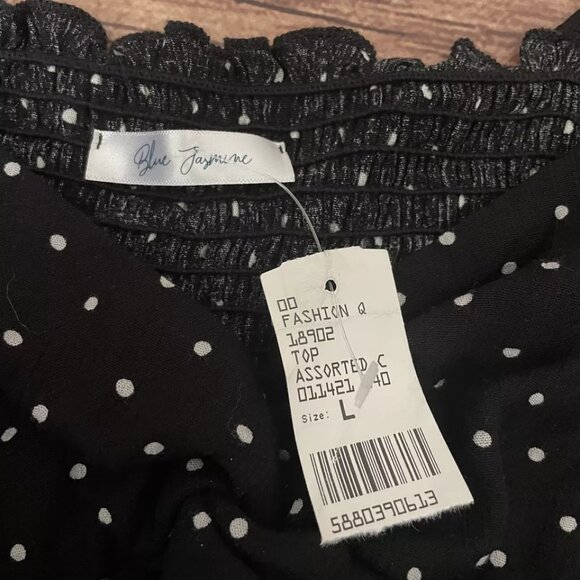 Women’s Blue Jasmine Black White Polka Dot Tie Crop Top Blouse Large NWT - Picture 2 of 4